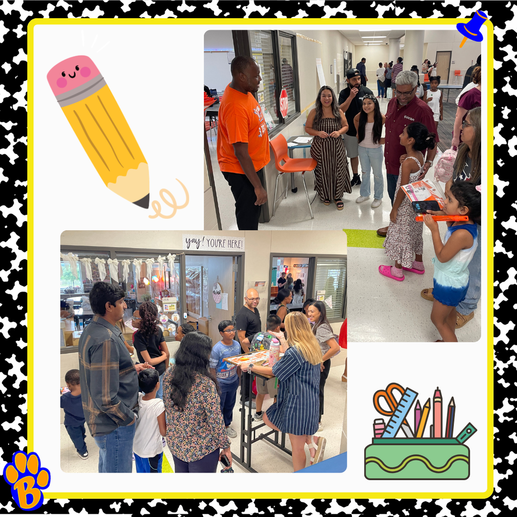 Staff, parents and students meeting and posing for pictures at Meet the Teacher Night.  School supplies in the corners.