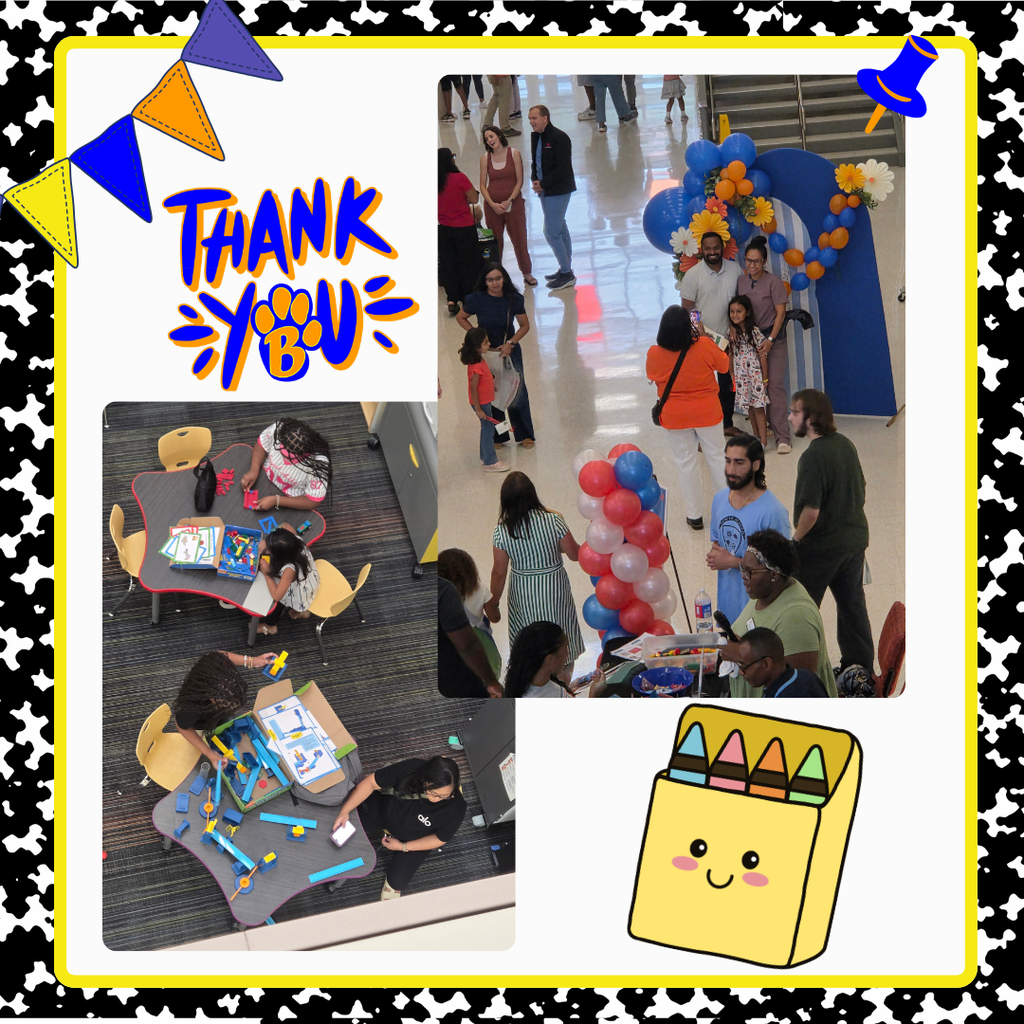 Thank you. Staff, parents and students meeting and posing for pictures at Meet the Teacher Night. Smiling box of crayons in lower right corner.