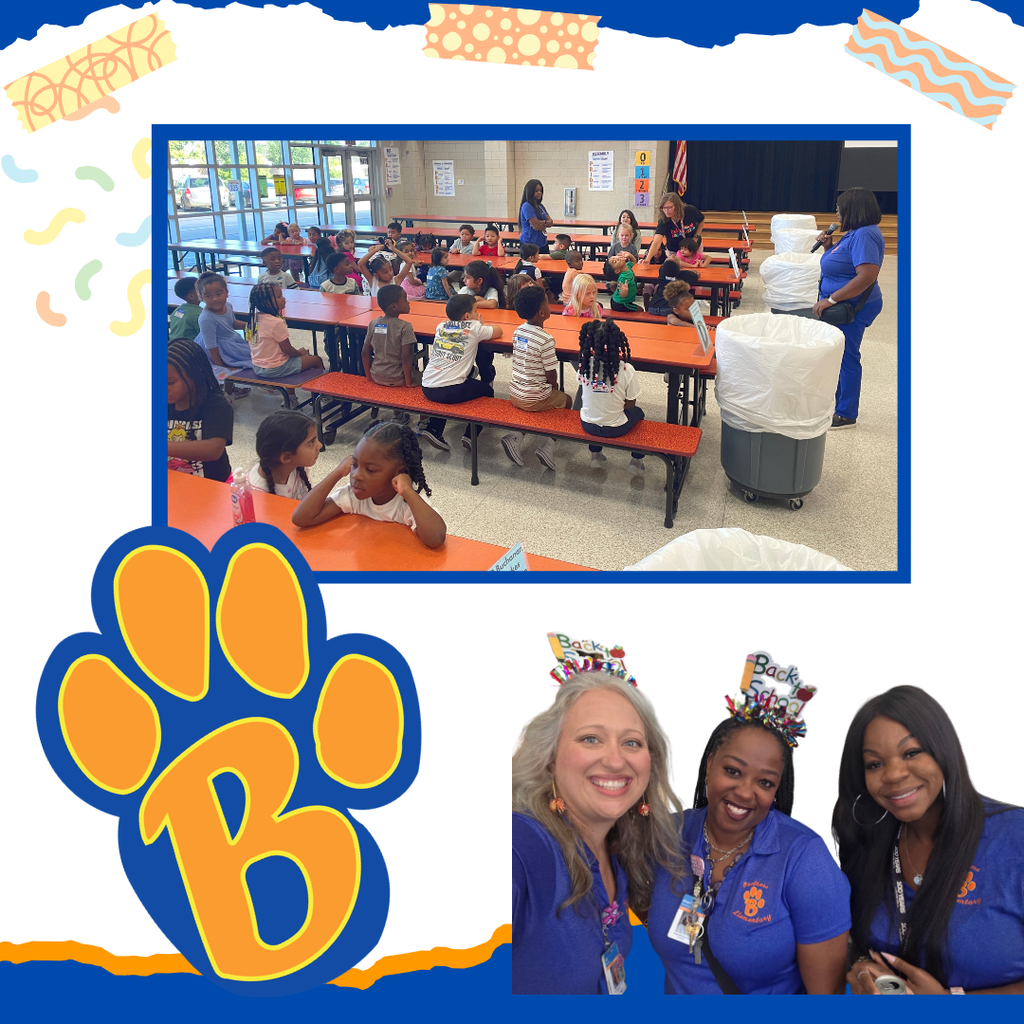 Kindergarten praciticing cafeteria procedures.  Bearkat paw logo and picture of principal, counselor, and behavior specialist.