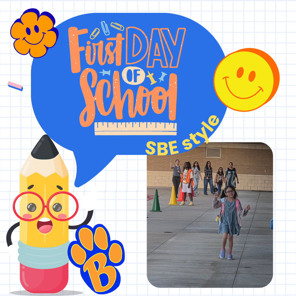 Talking pencil with a speech bubble that says, "First Day of School SBE style."  Students walking into school. 