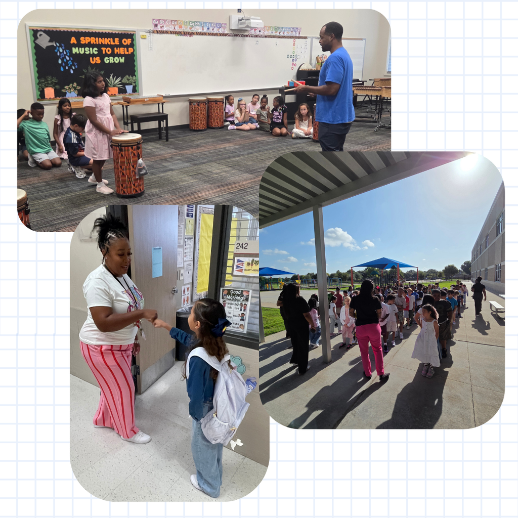 Students on their first day back to school.  Greeting teacher, lining up at recess, playing instruments in music.