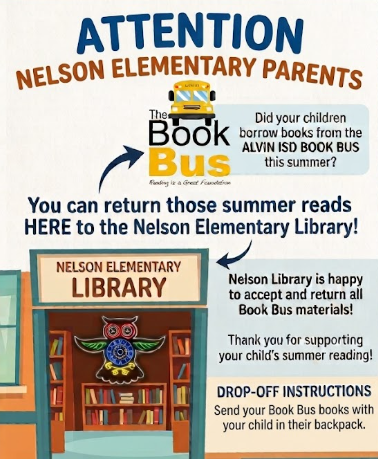 Return any books checked out from the Alvin ISD Book Bus this summer to your Alvin ISD librarian.