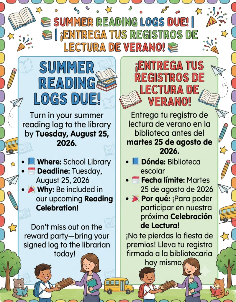 Summer Reading logs due on Tuesday, August 25th