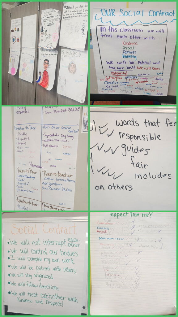 Classroom contracts hanging on the walls beside other classroom items like baskets with books. The contracts list ideas like: listen to the speaker, raise your hand be safe, bearkat pride, honesty, empathy, patience and maturity.