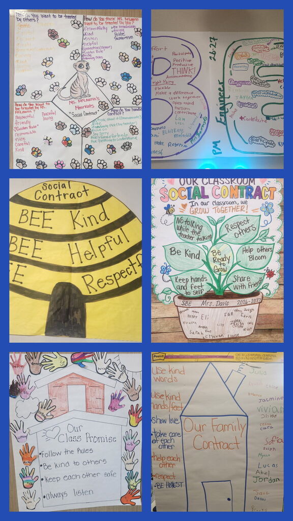 Classroom contracts hanging on the walls beside other classroom items like baskets with books. The contracts list ideas like: listen to the speaker, raise your hand be safe, bearkat pride, honesty, empathy, patience and maturity.