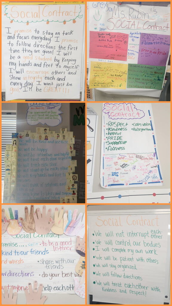 Classroom contracts hanging on the walls beside other classroom items like baskets with books. The contracts list ideas like: listen to the speaker, raise your hand be safe, bearkat pride, honesty, empathy, patience and maturity.