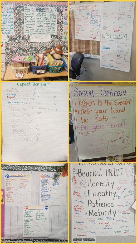 Classroom contracts hanging on the walls beside other classroom items like baskets with books. The contracts list ideas like: listen to the speaker, raise your hand be safe, bearkat pride, honesty, empathy, patience and maturity.