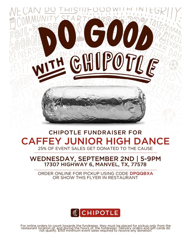 Do Good with Chipotle. Support our Dance department on 9/2/26 from 5pm-9pm.