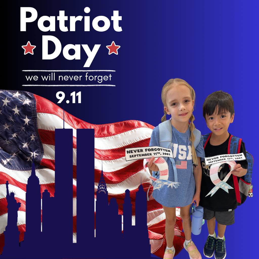 Patriot Day; we will never forget 9.11; skyline of new york with the twin towers still standing in front of an american flag.  childrend standing with a ribbon that says never forgotten; september 11th 