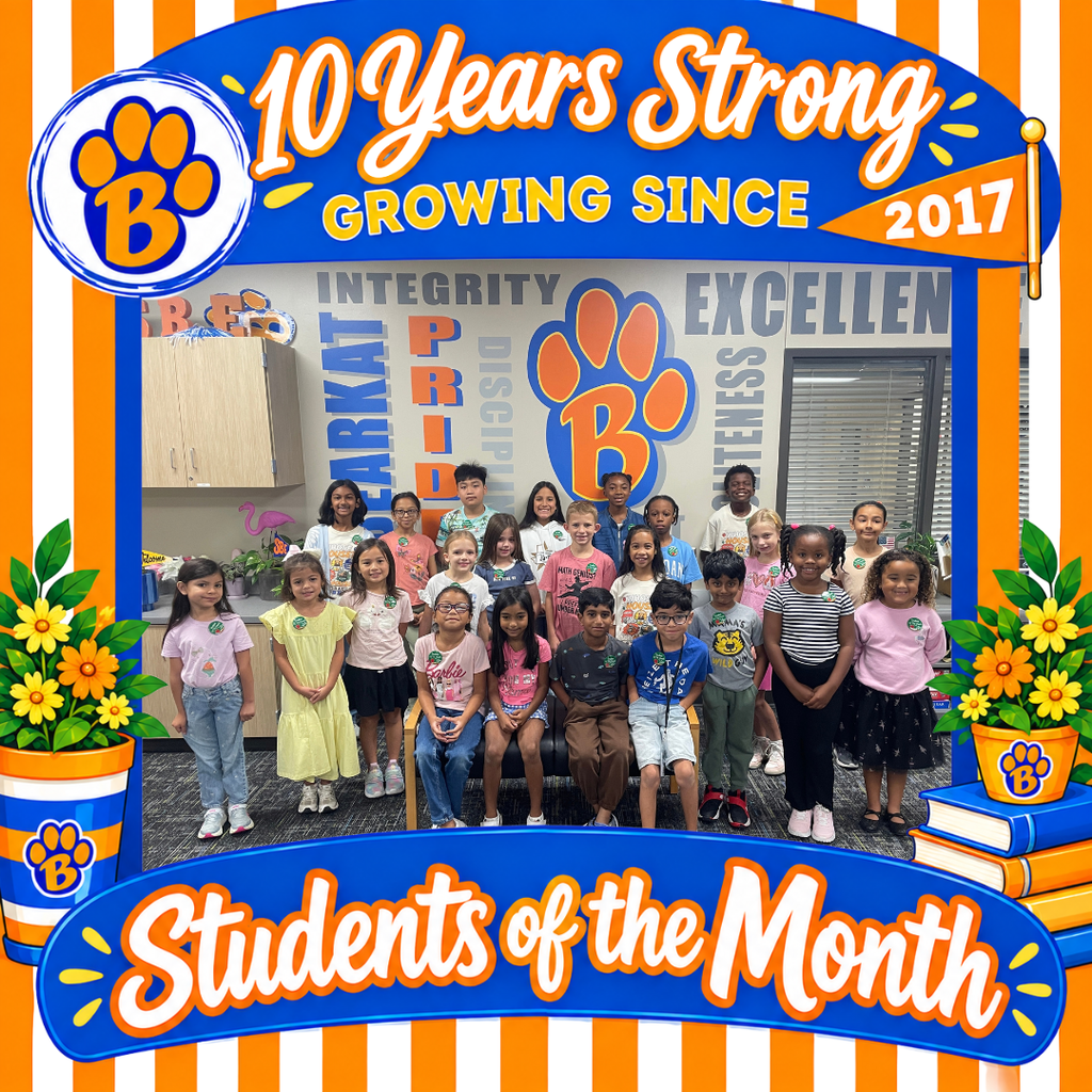 White and orange striped photo frame with potted plants, books, and the brothers paw logo.  10 Years Strong Growing since 2017, students of the month.  a photo of the september students of the month in front of our new mural wall in the front office.