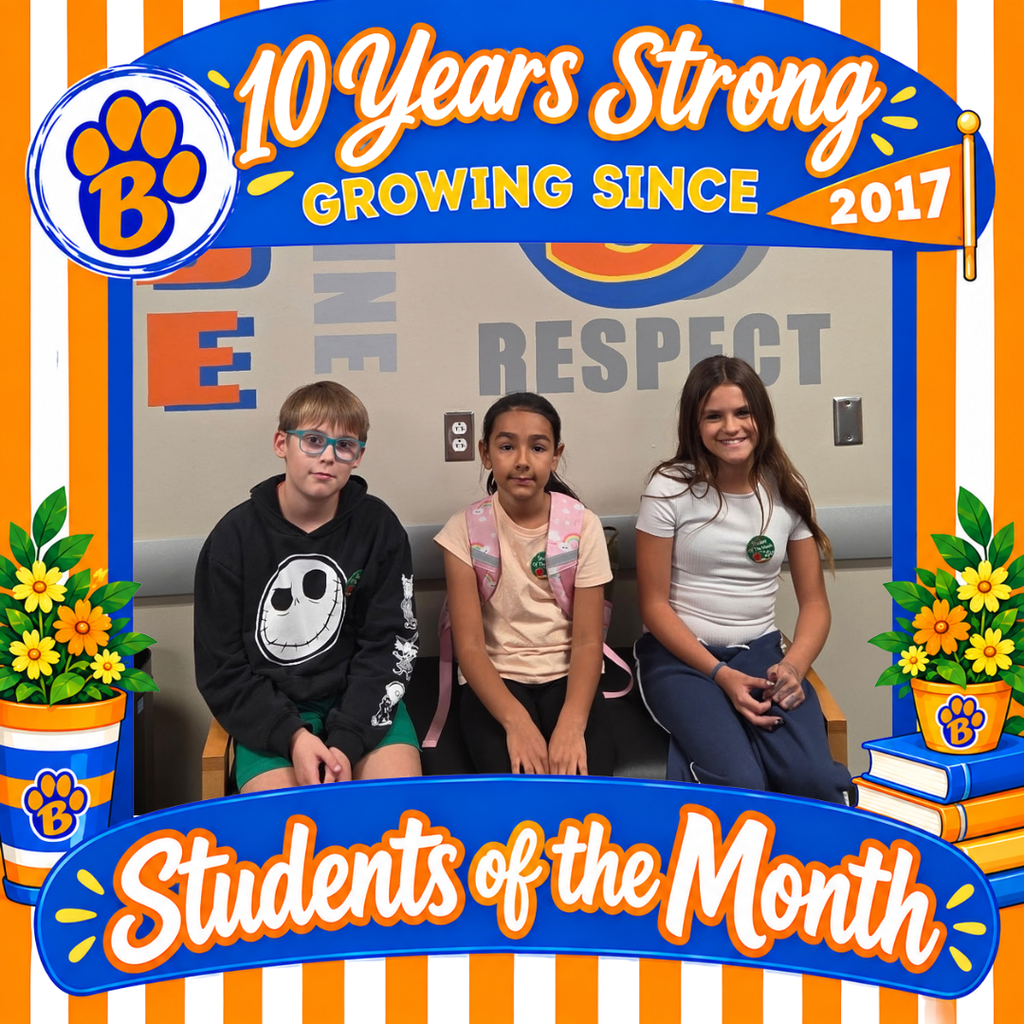 White and orange striped photo frame with potted plants, books, and the brothers paw logo.  10 Years Strong Growing since 2017, students of the month.  a photo of the september students of the month in front of our new mural wall in the front office.