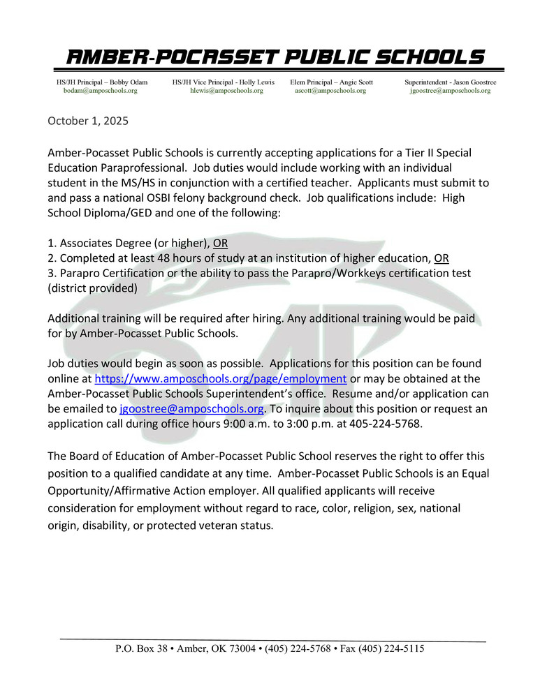 Employment Opportunity--Tier II Paraprofessional