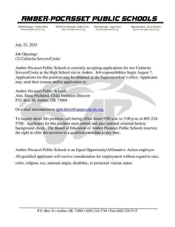 Job Advertisement--Cafeteria Cook/Server