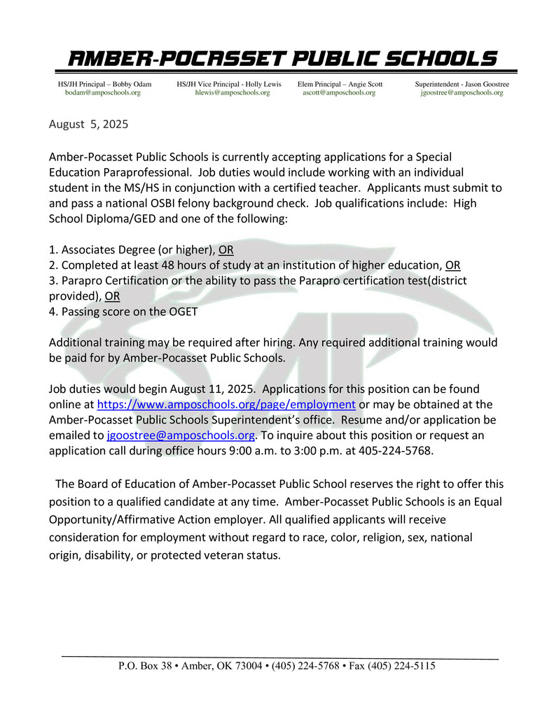 Job Opening--MS/HS Special Education Paraprofessional