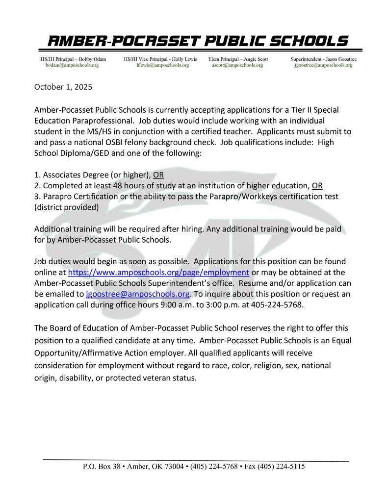 Employmenet Opportunity-Tier II Paraprofessional