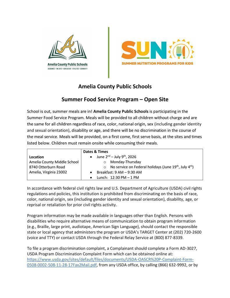 SFSP Media Release for Open Sites: community meal service announcement for onsite meals for children at Amelia Middle School, Monday through Thursday at 9 AM and 12:30 PM (p1)