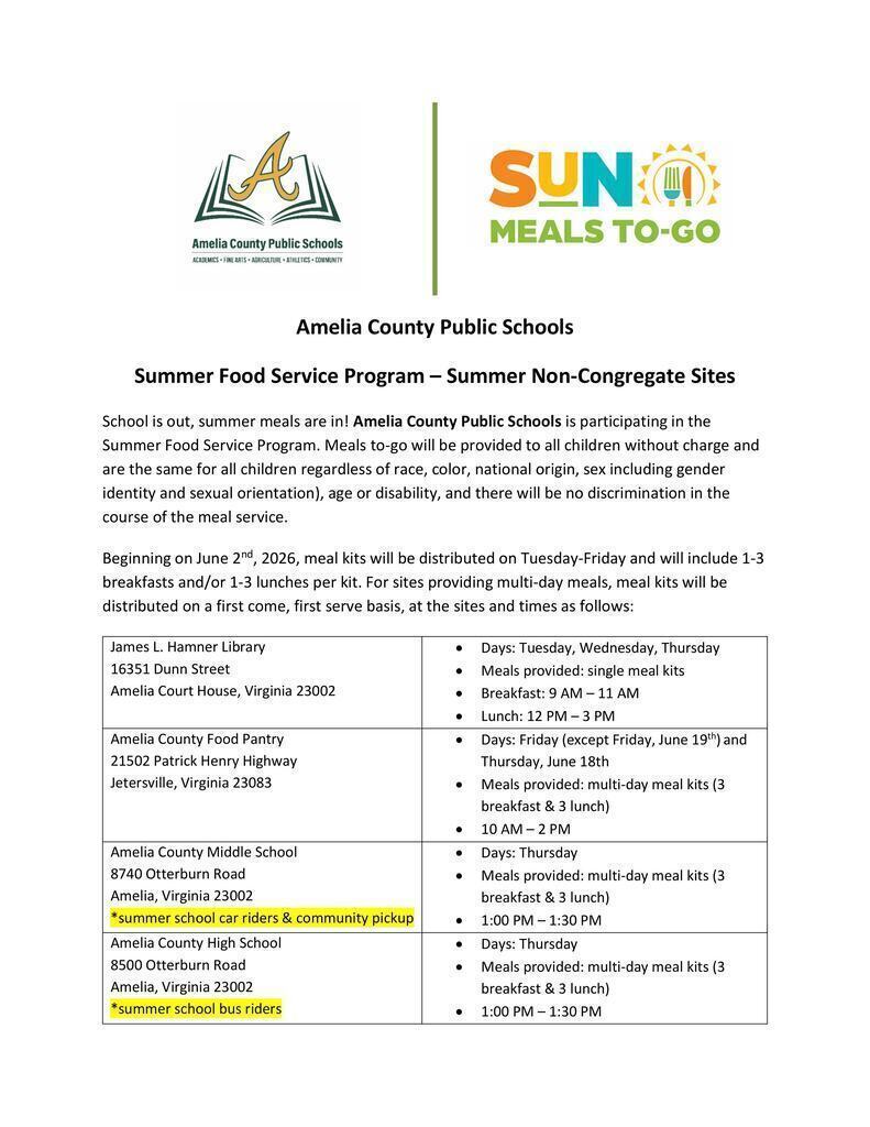SFSP Media Release for Non-Congregate "grab and go" meal service: Meal kits available at Amelia Middle School on Thursdays @ 1 PM & Amelia Food Pantry on Fridays at 10 AM; individual meal kits available at the James L. Hamner Library Tuesday to Thursday at 9 AM and 12 PM (p1)