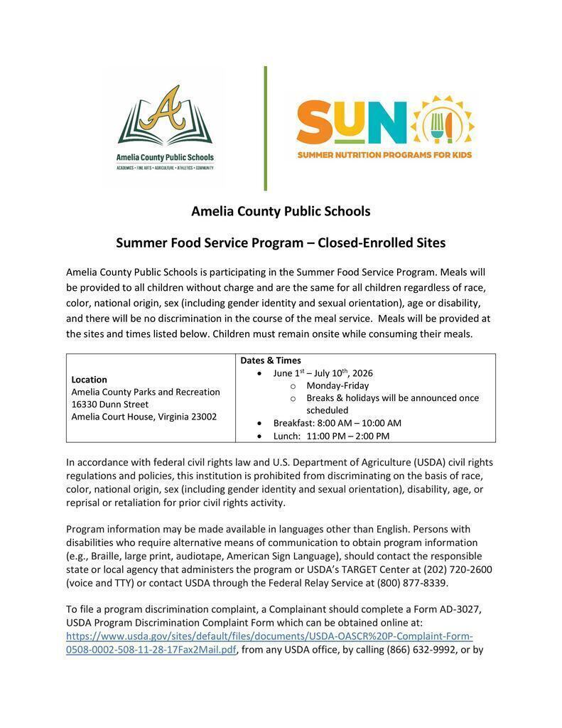 SFSP Media Release for Closed Enrolled Sites: meals served daily to campers enrolled with Amelia County Parks and Rec day camps (p1)