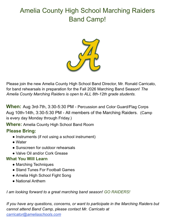 Amelia County High School Marching Raiders Band Camp!
