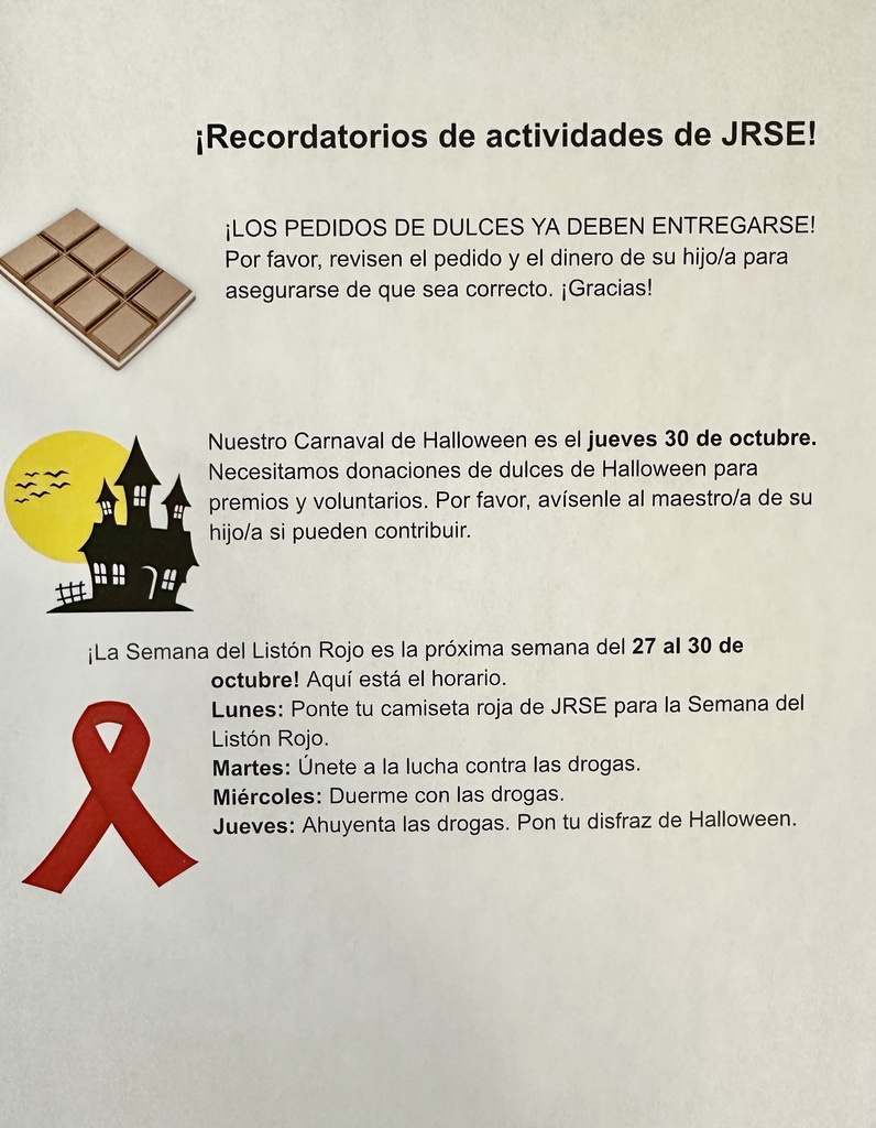 Donations of Halloween candy needed for our carnival and haunted hall!!  Red Ribbon Week is coming up!