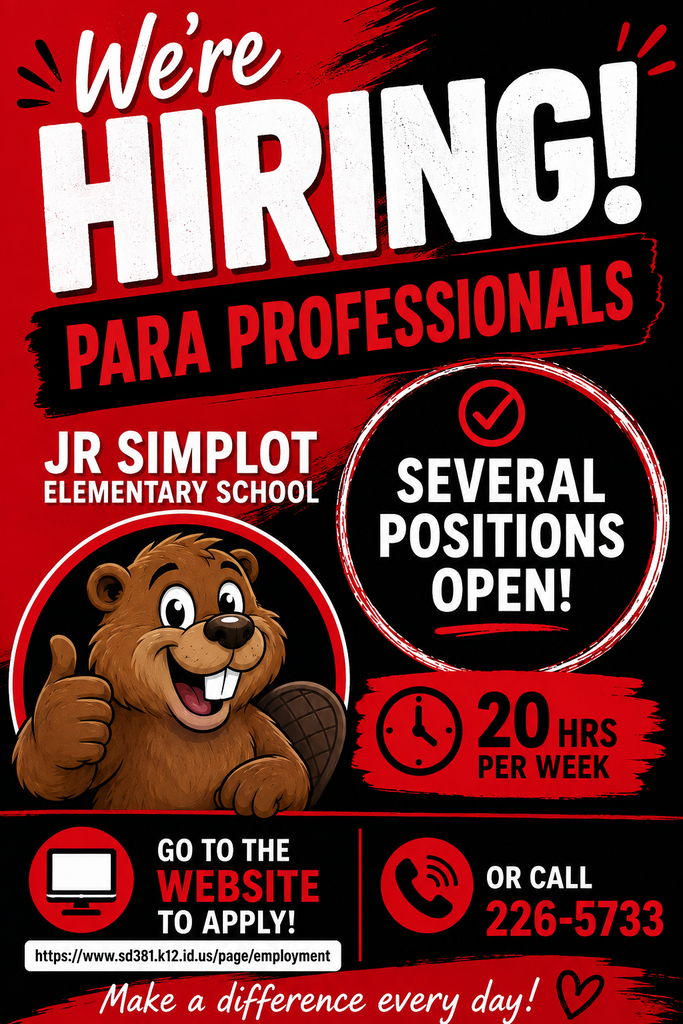 JR Simplot Elementary School is hiring paraprofessionals for the 26-27 school year. Please apply online. Join our fun, outgoing team!am