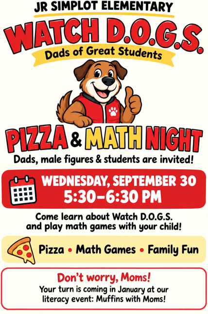 Flyer for Watch D.O.G.S Pizza and Math Night 26-27