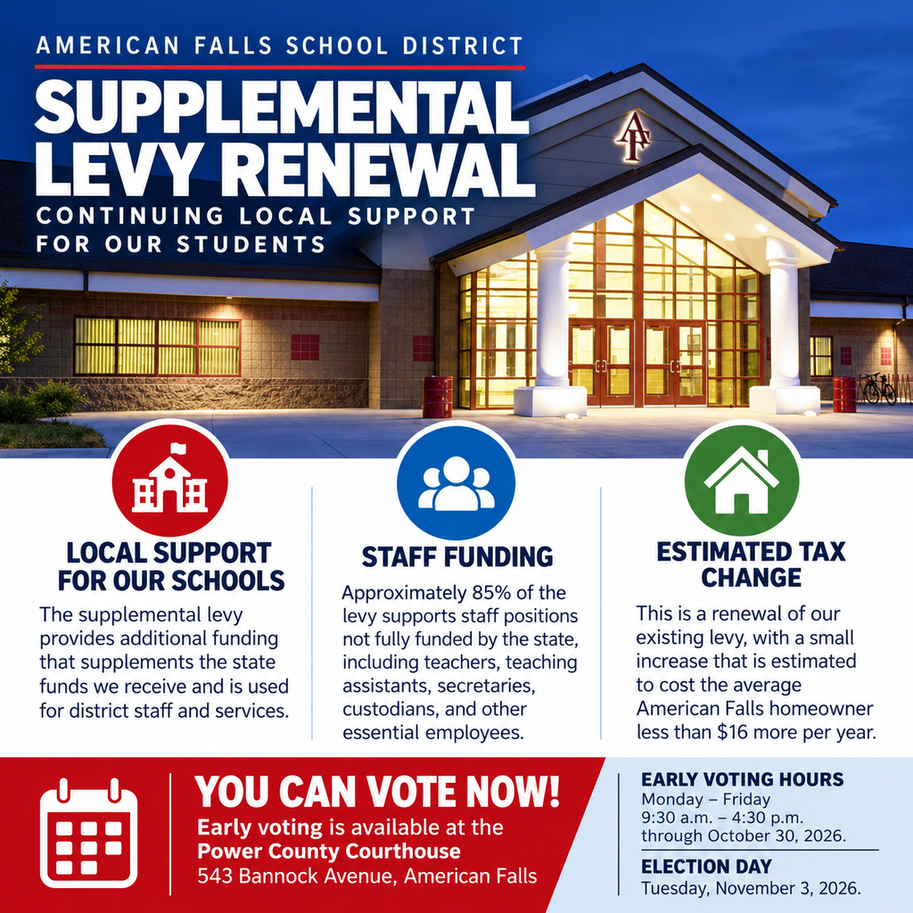 Informational graphic about the American Falls School District Supplemental Levy Renewal, featuring a nighttime photograph of American Falls High School with its brightly illuminated entrance. The heading reads, “Supplemental Levy Renewal: Continuing Local Support for Our Students.” The graphic highlights three key points: 1. Local Support: The levy supplements state funding to provide additional school district staff and services. 2. Staff Funding: Approximately 85% of levy funds support positions not fully funded by the state, including teachers, teaching assistants, secretaries, custodians, and other employees. 3. Estimated Tax Change: The renewal includes a small increase estimated to cost the average American Falls homeowner less than $16 more per year. A red banner announces, “You Can Vote Now!” Early voting is available at the Power County Courthouse, 543 Bannock Avenue, American Falls, Monday through Friday, 9:30 a.m. to 4:30 p.m., through October 30, 2026. Election Day is Tuesday, November 3, 2026.