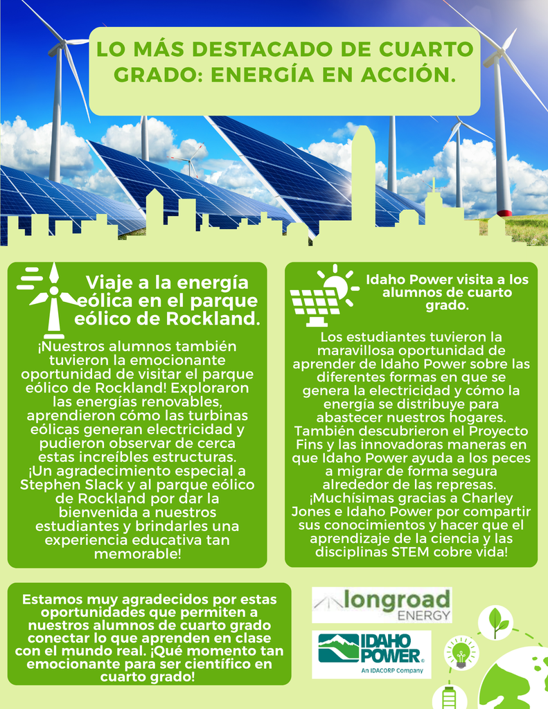 A colorful, Spanish-language educational flyer highlighting fourth-grade students' experiences learning about renewable energy. The background features a bright blue sky, wind turbines, solar panels, and a light green city skyline. Two green text boxes describe the students' visit to Rockland Wind Farm, where they learned how wind turbines generate electricity, and a presentation from Idaho Power about electricity generation and Project Fins, which helps fish safely migrate around dams. The flyer thanks Stephen Slack, Charley Jones, and Idaho Power for providing these educational experiences. Longroad Energy and Idaho Power logos appear at the bottom, along with environmentally themed illustrations.