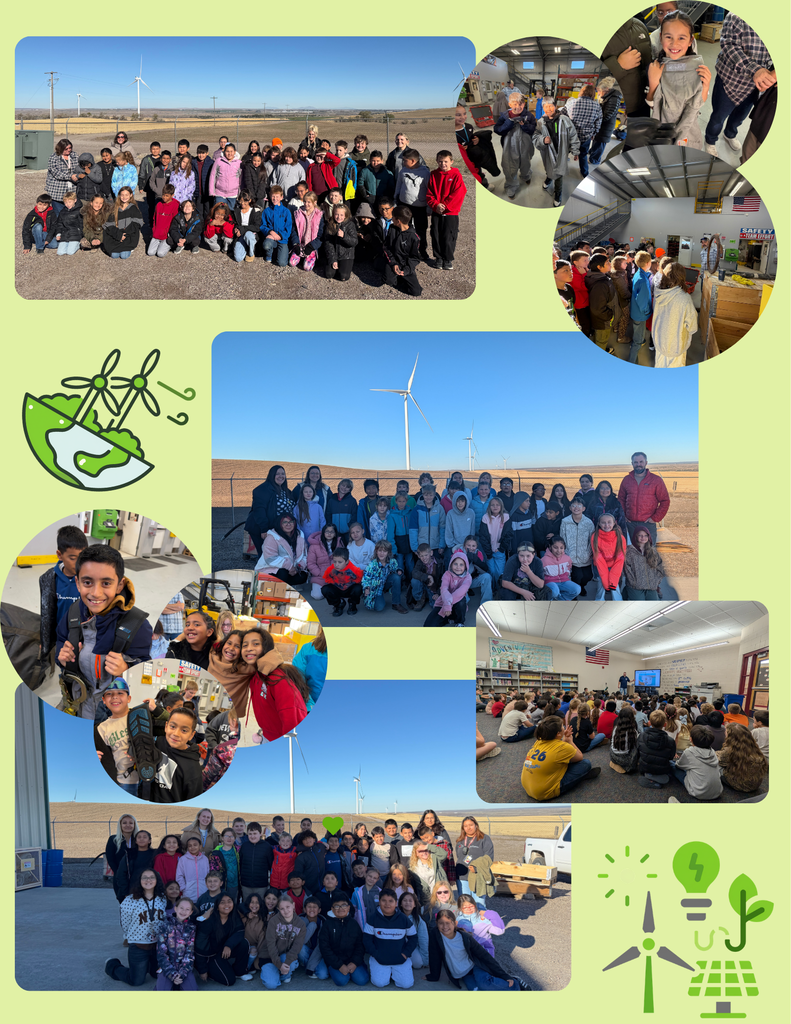 A photo collage showcasing fourth-grade students participating in hands-on science and renewable energy learning experiences. The collage features several group photos of students and teachers posing outdoors at Rockland Wind Farm, with large white wind turbines and open fields in the background. Smaller circular photos show students exploring equipment, examining safety gear, and participating in educational demonstrations inside an industrial facility. Another photo shows a large group of students seated on a classroom floor listening to a presentation about energy. The collage has a light green background decorated with illustrations of wind turbines, solar panels, a globe, and a lightbulb, emphasizing renewable energy, environmental awareness, and STEM education.