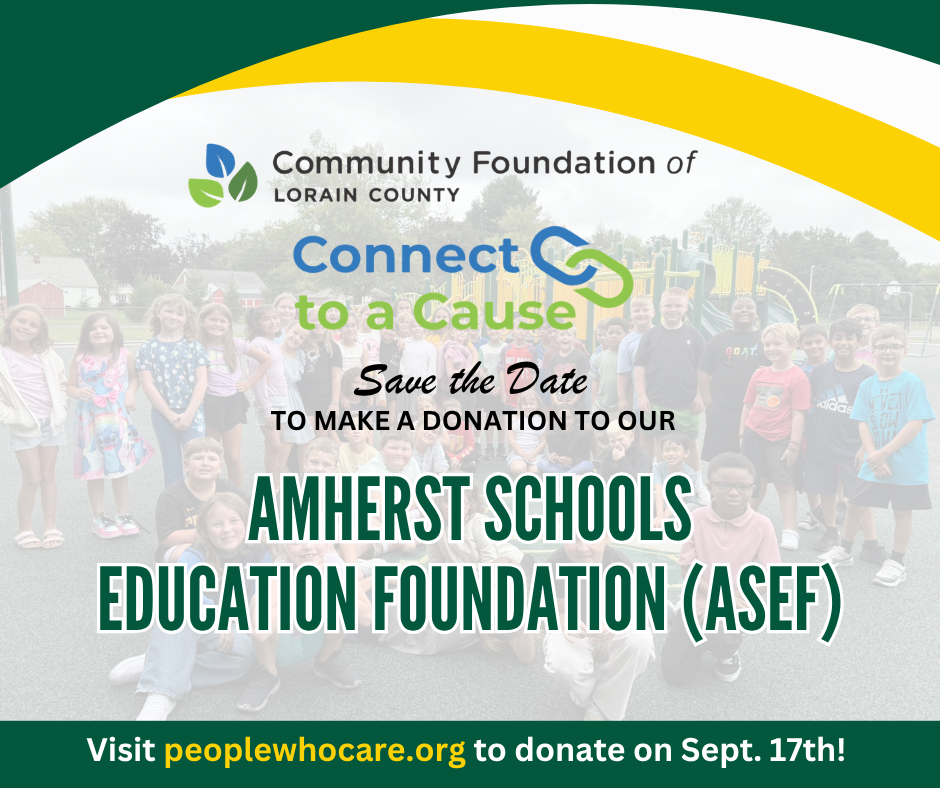 Graphic promoting the Community Foundation of Lorain County’s Connect to a Cause campaign. Community members are invited to donate to the Amherst Schools Educational Foundation on September 17 by visiting peoplewhocare.org. A group of Amherst students is pictured in the background.