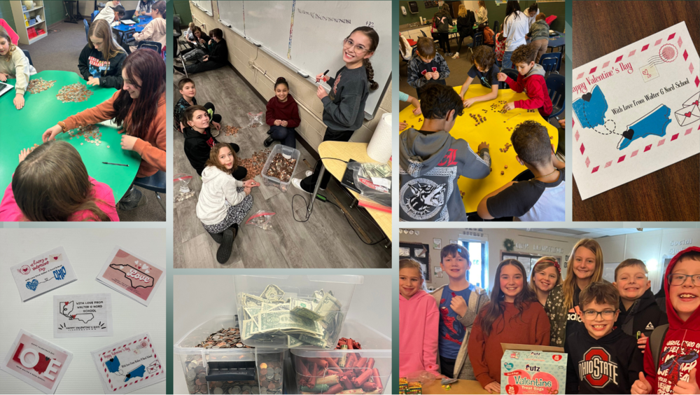 Compilation of pictures of Nord Students posing in pictures with coins collected in their annual coin drive