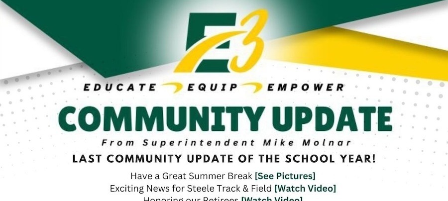 Community Update Landing Page with E3 logo and says Community Update