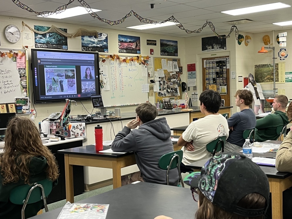 Mr. Glatz's science class participating in a distant learning presentation from the Ohio Department of Natural Resources;  learning  how invasive species impact Ohio’s native wildlife and learned ways to help protect our local ecosystems. 
