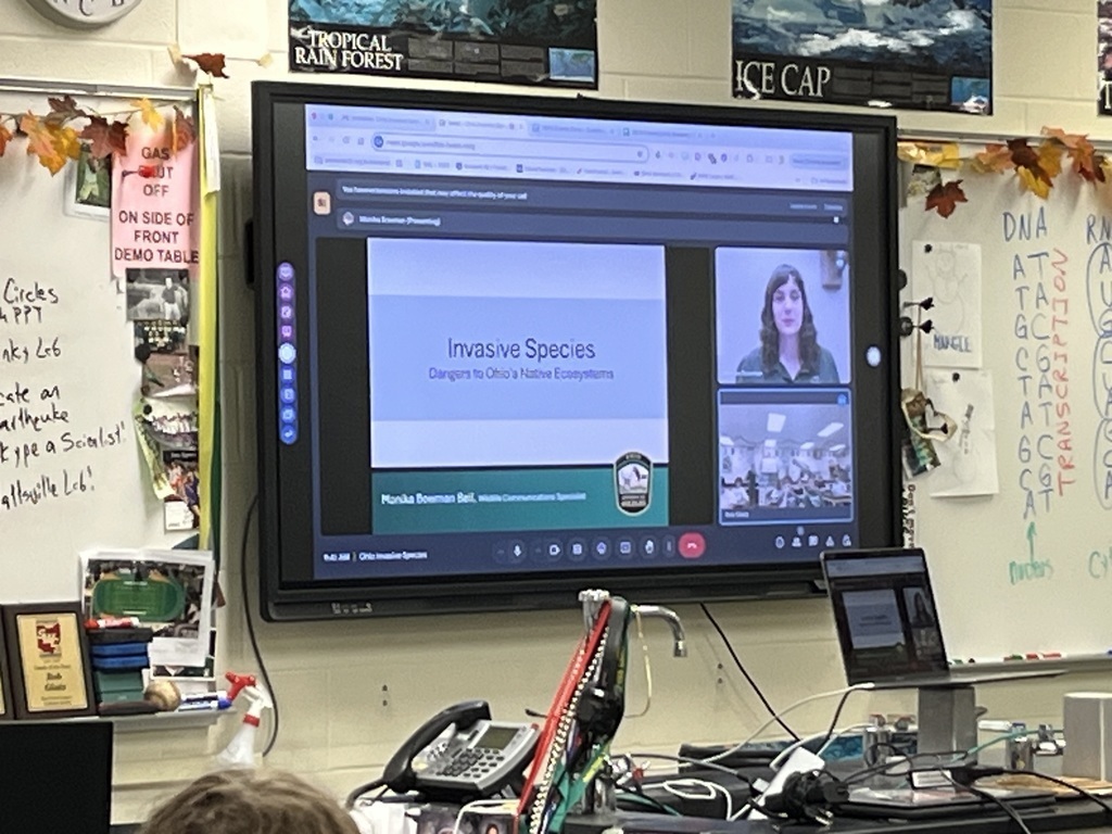 A close up of the presentation screen showing an Ohio Department of Natural Resource presenter and their presentation to the class