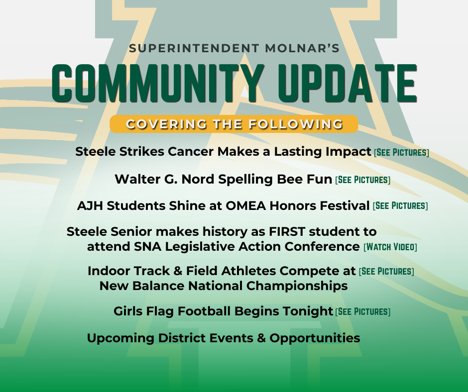 Community Update  Landing Graphic - Green and Gold with Amherst A Logo in the background