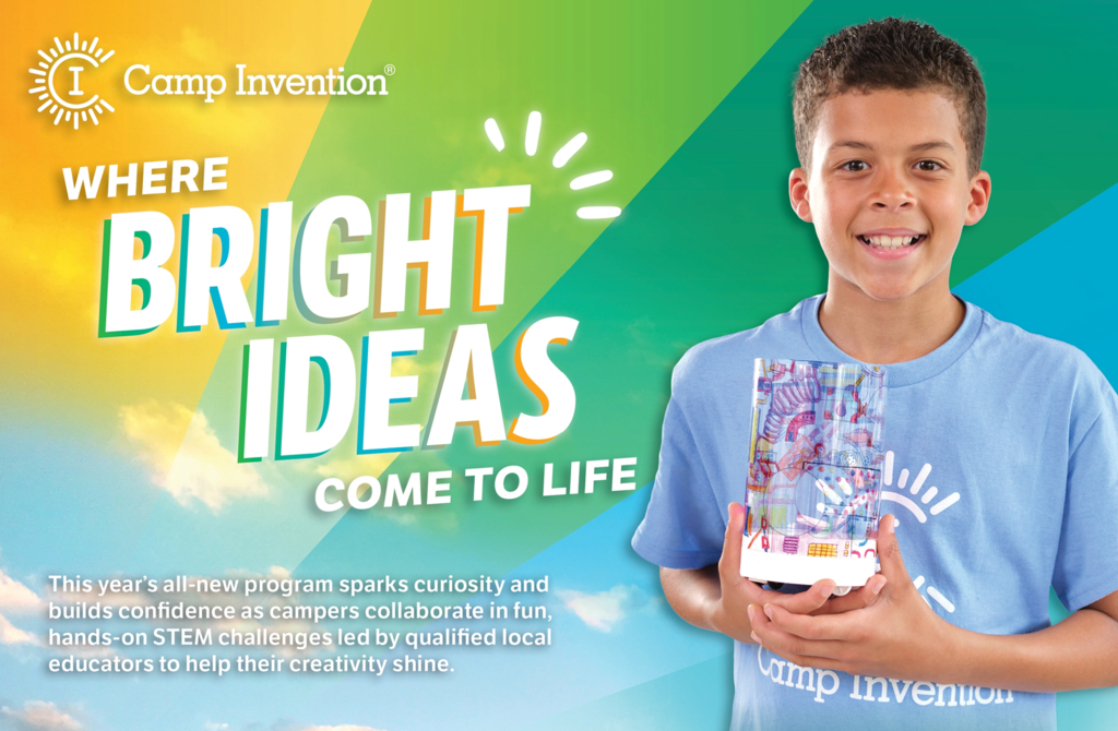 Camp invention Graphic to help promote the upcoming camp. Picture of boy holding one fo the activities they will create.