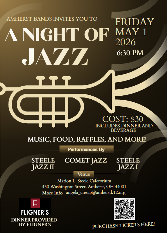 A Night of Jazz event featuring AJH and Steele Jazz Bands, a meal, and raffle baskets. Tickets are $30 and cover your meal and drinks. 