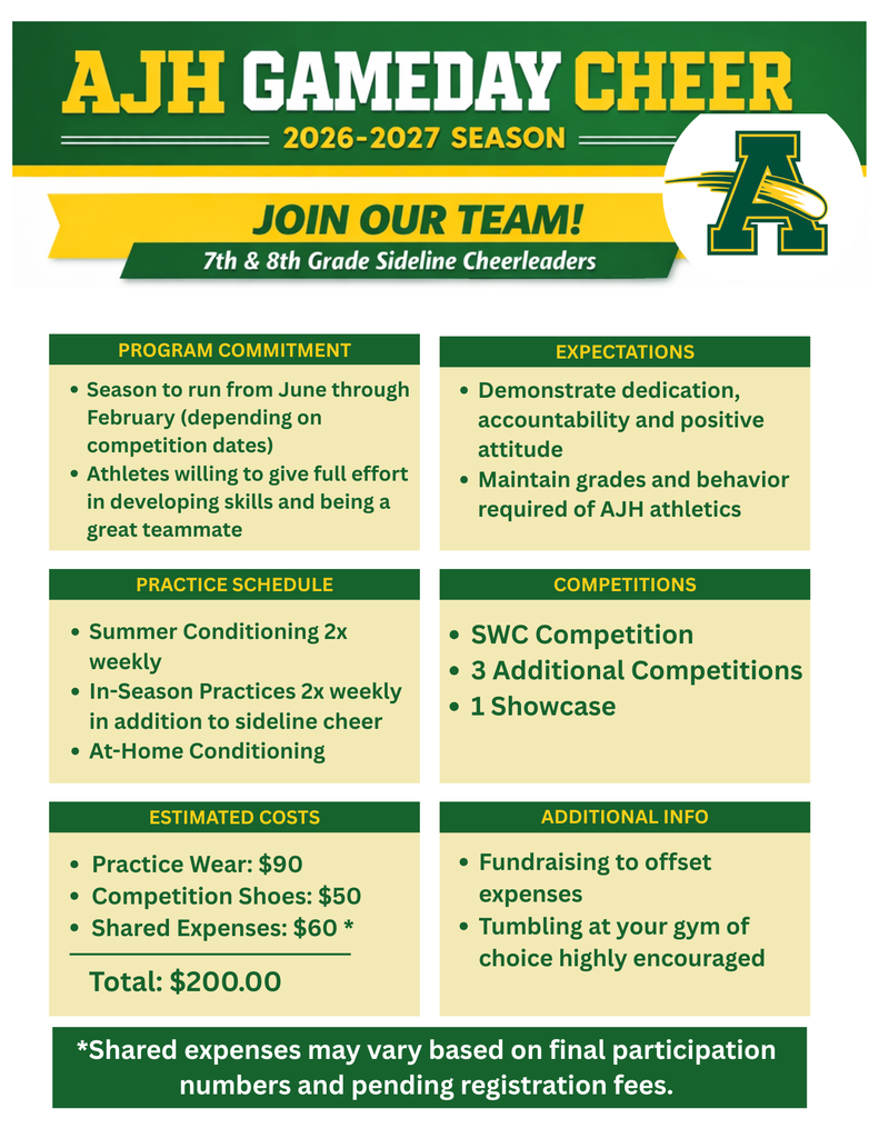 AJH Game Day Cheer 2026-2027 Season Information (7th & 8th Grade Sideline Cheerleaders) 