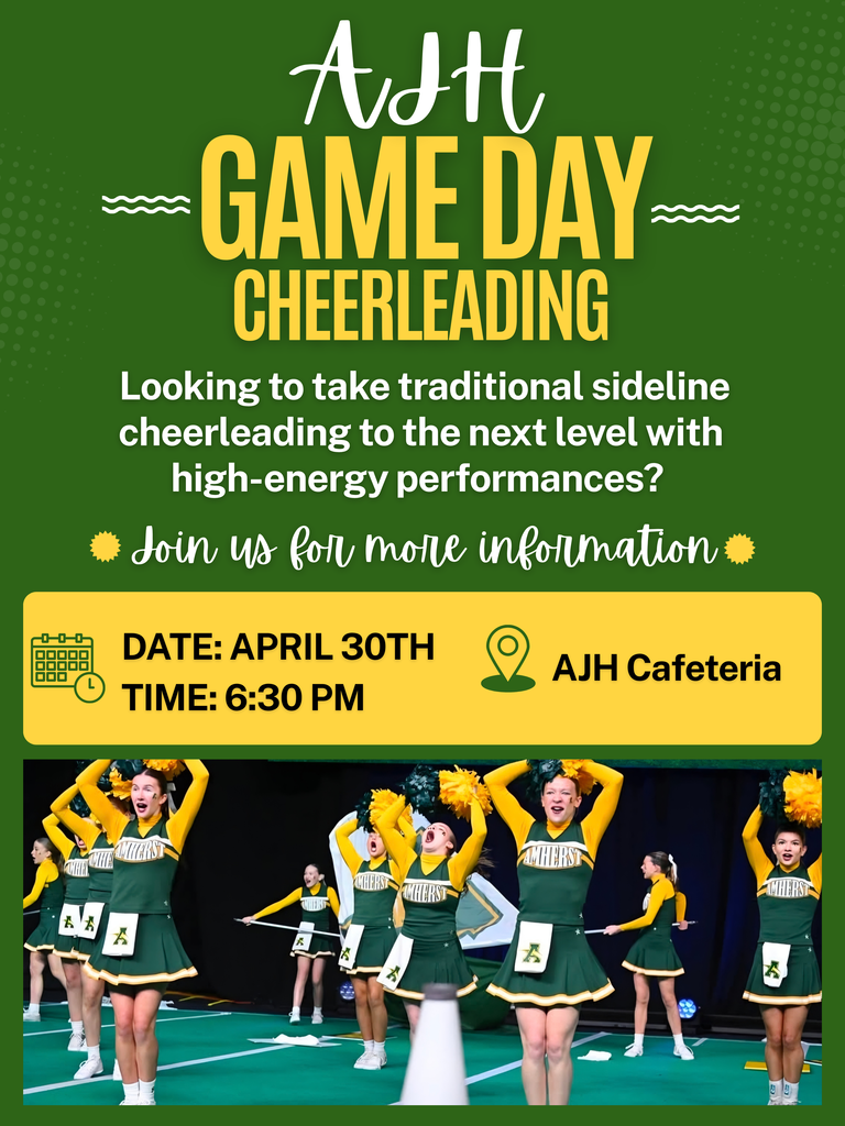 AJH Game Day Cheerleading Meeting Flyer - Meeting April 30 at 6:30 in the AJH Cafeteria 