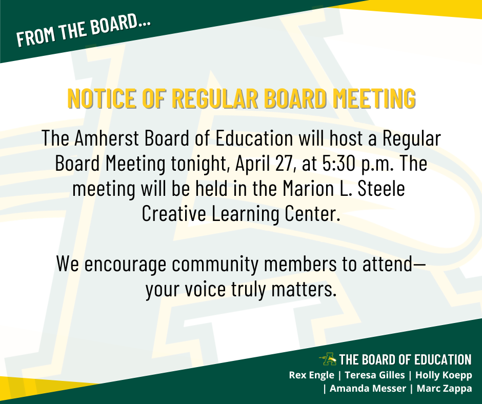 Regular Board Meeting Notice - Tonight, April 27 at 5:30PM at Marion L. Steele