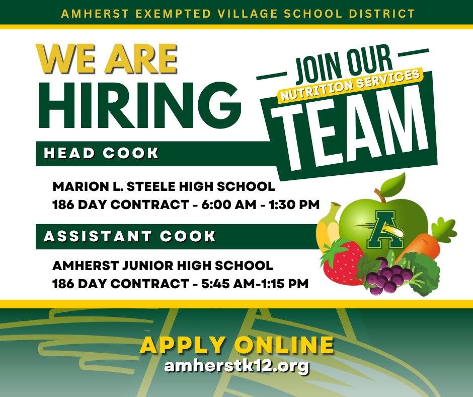 Now Hiring for Nutrition Services Department - Apply at amherstk12.org