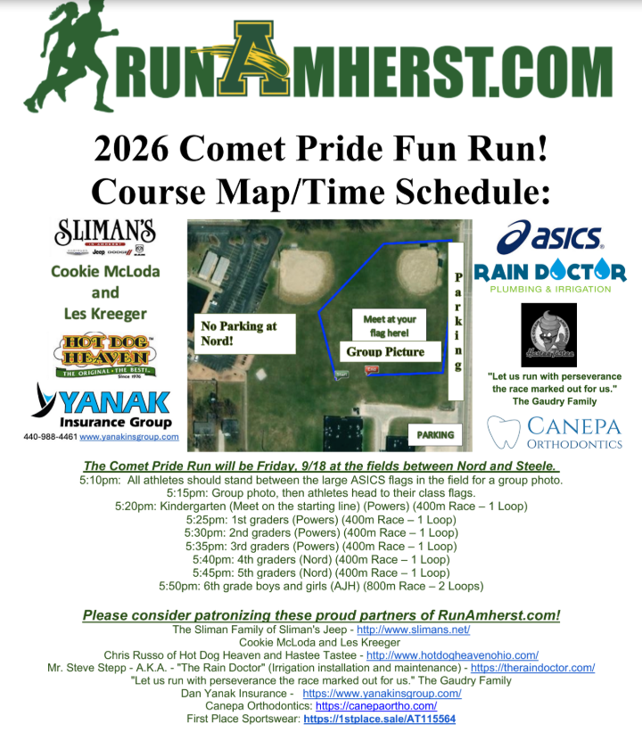 Graphic for the 2026 Comet Pride Fun Run on Friday, September 18, at the fields between Nord and Steele. The graphic includes an aerial course map, parking information and race times for kindergarten through sixth grade. Students should meet near the large ASICS flags at 5:10 p.m. for a group photo. The first race begins at 5:20 p.m. No parking is available at Nord.