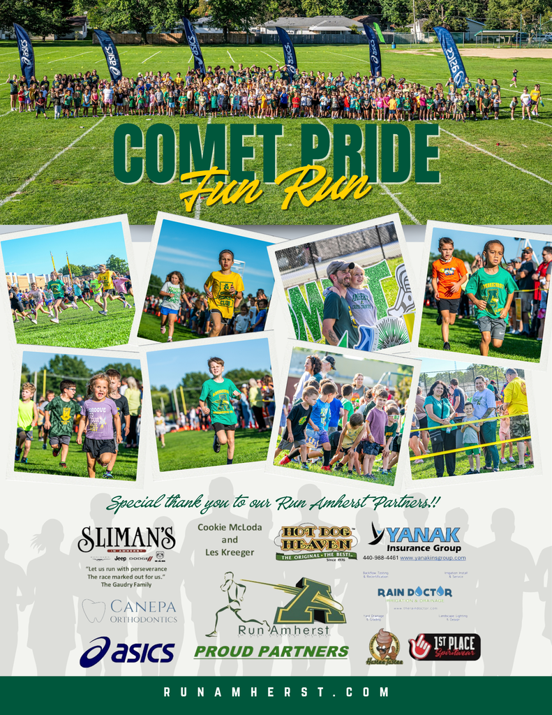 Photo collage from the Comet Pride Fun Run featuring hundreds of K–6 students gathered on the field and children running while families and volunteers cheer. The graphic thanks RunAmherst partners and sponsors and includes the website RunAmherst.com.