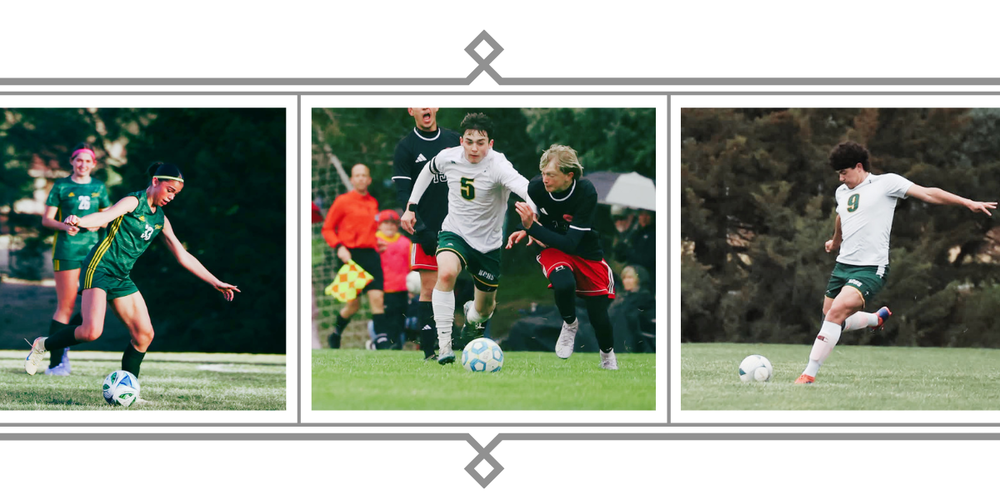 Three roll image of soccer in action featuring seniors Adalyn Skrdla,  Easton Malleck, and junior Kristian Marchese