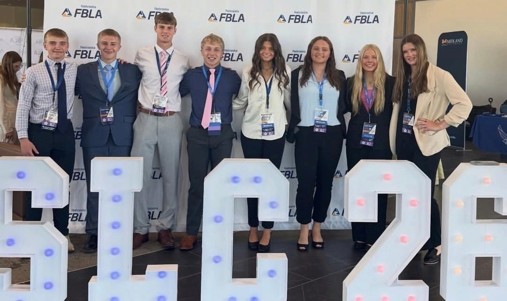 Amherst FBLA SLC participants left to right: Hudson Harmoney, Weston Salter, Carson Riessland, Graydn Fisher, Mackenzie Cochran, Avery Cast, Kenna Hagan, Libby Mitchell