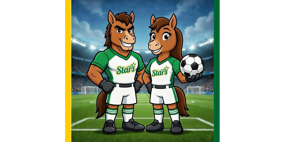 Two cartoon bronco mascots wearing green and white ‘Stars’ soccer uniforms stand on a lit soccer field in a stadium; one holds a soccer ball while both smile confidently