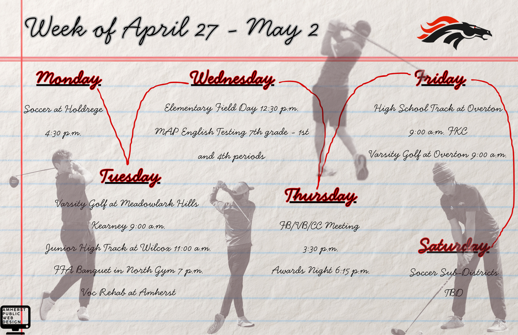 Image of weekly activities listed by day April 27 - May 2 with faded images of golfer in action