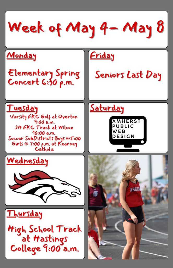 Poster of weekly activities Monday through Friday for the week of May 4th 2026 featuring a picture of Londyn Mitchell participating in Track