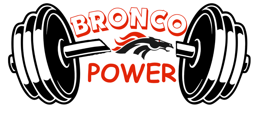 Bronco Power with weightlifting bar graphic and bronco head mascot