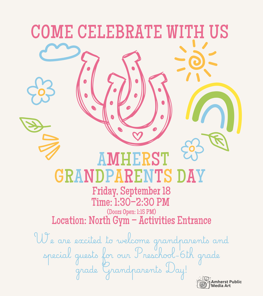 A cream background featuring nature themed drawings and double horseshoes in multiple colors with Amherst Grandparent Day Information listed.